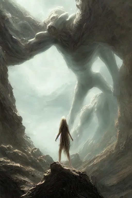 Image similar to a giant ethereal pale humanoid monster looming over a tiny human in an epic landscape, ethereal fantasy, blooodborne, artstation, james gurney