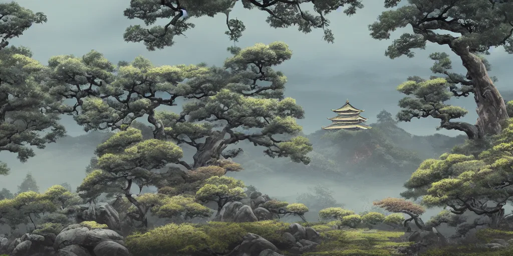 Image similar to digital painting of old japanese landscape with pagoda, curved trees and rocks, detailed, high quality, trending on artstation, 8 k, award winning