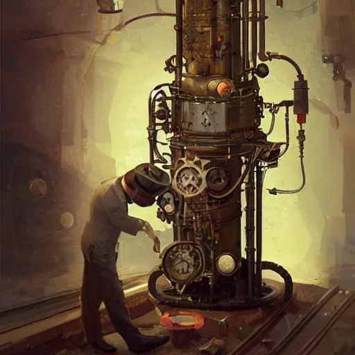 Image similar to A random pointless contraption ((steampunk)) industrial appliance pneumatic machine with no apparent purpose, being operated by a scholarly looking man with a clear directed gaze, artwork by Sergey Kolesov