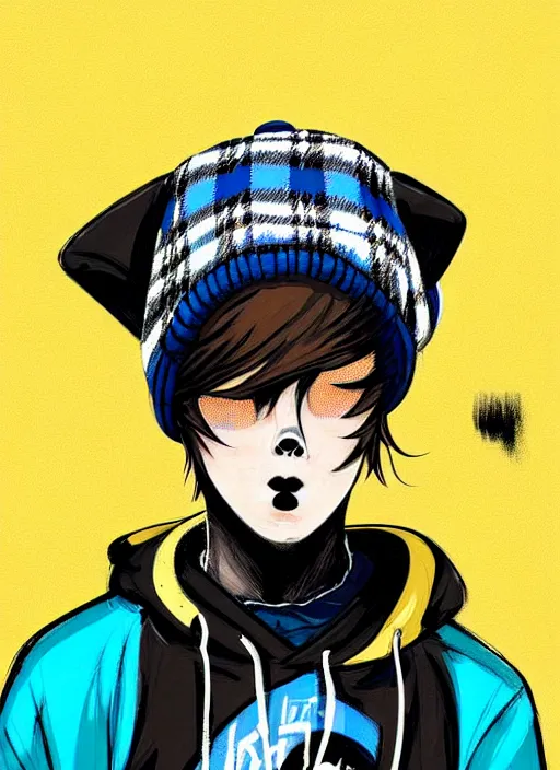 Image similar to highly detailed portrait of basketball boy punk student, blue eyes, tartan hoody, hat, white hair by atey ghailan, by greg tocchini, by kaethe butcher, gradient yellow, black, brown and cyan color scheme, grunge aesthetic!!! ( ( graffiti tag wall flat colour background ) )