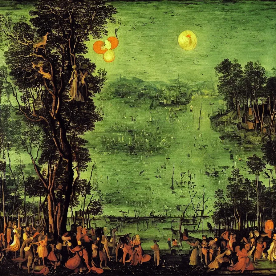 Image similar to renaissance painting of a night carnival around a magical tree cavity, with a surreal orange moonlight and fireworks in the background, next to a lake with iridiscent water, christmas lights, folklore animals and people disguised as fantastic creatures in a magical forest by summer night, masterpiece painted by jan van goyen, scene by night, dark night environment, refraction lights, glares