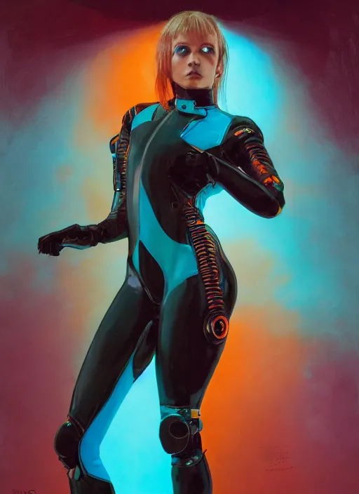 Image similar to symmetry! dynamic pose, closeup! portrait of a cyborg racer girl, skintight leather racing jumpsuit, cinematic light, backlight, teal orange, by gerald brom, by mikhail vrubel, by peter elson, muted colors, extreme detail, trending on artstation, 8 k