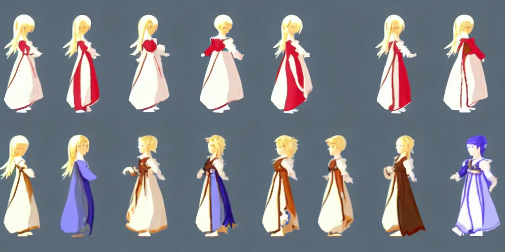 Prompt: walking animation sprite sheet of a girl in a renaissance dress, walking to the right, each sprite is a different frame of the animation, in the style of final fantasy games, side view of her taking steps