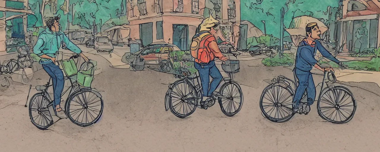 Image similar to beautiful detailed comic illustration of a uber eats delivery guy on a bicycle, colored