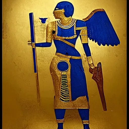 Image similar to female warrior with gold and blue Egyptian armour with golden wings