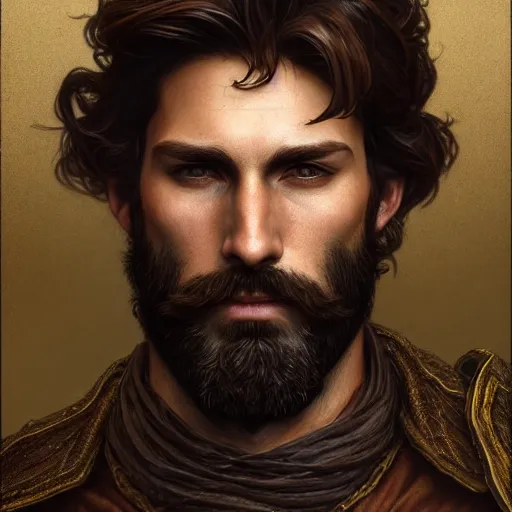 Image similar to brown haired rogue, portrait, rugged, muscular, bearded, male, city landscape, norway, d & d, fantasy, intricate, elegant, highly detailed, digital painting, brown and gold color palette, cloth, octane render, concept art, matte, sharp focus, illustration, herrarthstone, art by artgerm and greg rutkowski and alphonse mucha