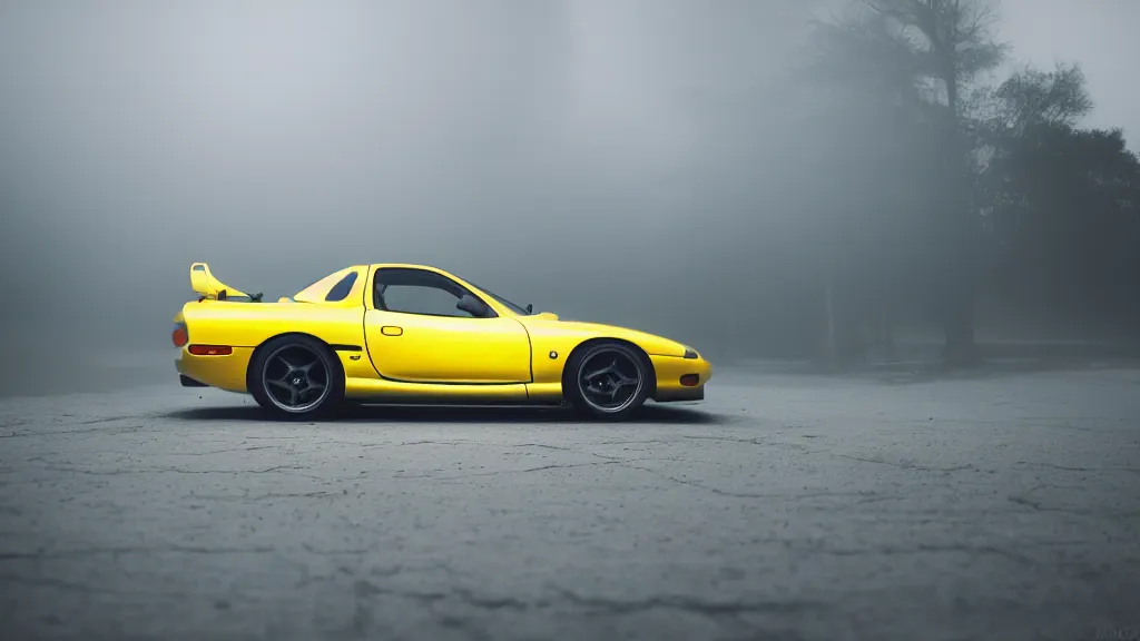 Image similar to 1 9 9 8 mazda rx 7 coupe yellow aero kit, cinematic, long exposure, white balance, 8 k, led, lumen global illumination, fog, ray tracing reflections