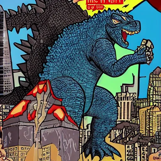 Image similar to godzilla cartoon style, with one hand destroys the city, with the other one eats cake