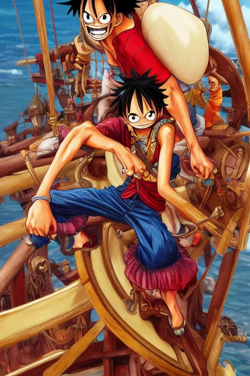 Prompt: Luffy from One Piece with friends on a pirate ship, highly detailed, digital painting, artstation, concept art, sharp focus, illustration, art by artgerm and greg rutkowski and alphonse mucha