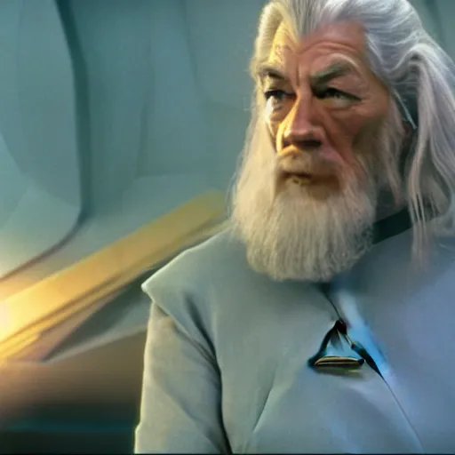 Image similar to A still of Gandalf as Captain Kirk on Star Trek, sharp focus, high quality, 4k