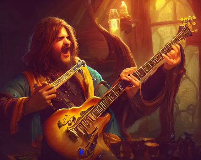 Prompt: photography of bard in a band shirt playing an electric guitar at a tavern concert, 8 k, deep focus, d & d, fantasy, intricate, elegant, highly detailed, digital painting, artstation, concept art, matte, sharp focus, illustration, hearthstone, art by artgerm and greg rutkowski and alphonse mucha