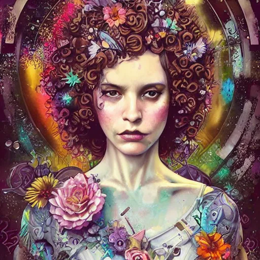Image similar to Lofi biopunk portrait beautiful woman with short brown curly hair, roman face, unicorn, rainbow, floral, Tristan Eaton, Stanley Artgerm, Tom Bagshaw