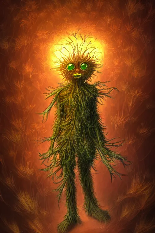 Image similar to a humanoid figure dandelion plant monster, amber eyes, highly detailed, digital art, sharp focus, ambient glow, trending on art station, anime art style