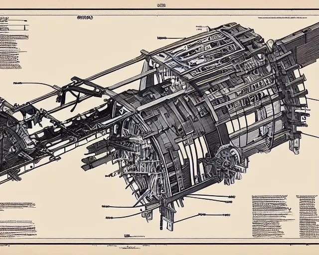 Prompt: a full page of a mechanical blueprint showing a simple cutaway design for a wooden wolf from howl's moving castle ( 2 0 0 4 ), with a pilot inside, muted colors, post grunge, studio ghibli, hq