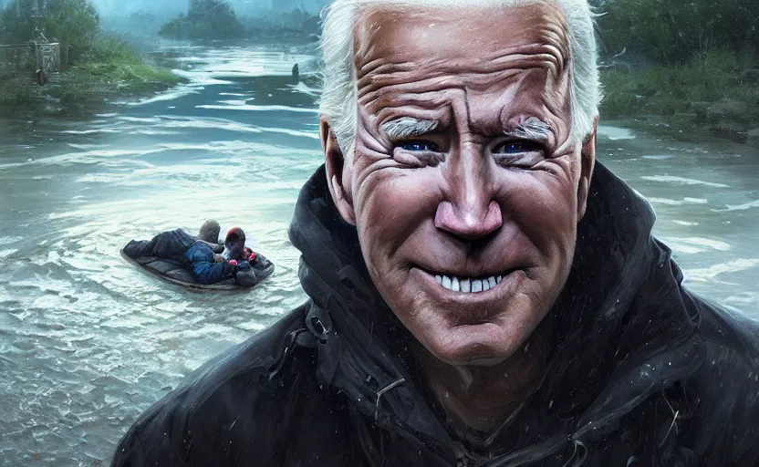 Image similar to highly detailed portrait of joe biden as a homeless, stuck in the river, stephen bliss, unreal engine, fantasy art by greg rutkowski, loish, rhads, ferdinand knab, makoto shinkai and lois van baarle, ilya kuvshinov, rossdraws, tom bagshaw, global illumination, radiant light, detailed and intricate environment