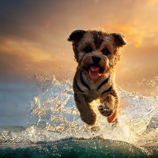 Image similar to a closeup photorealistic photograph of a cute smiling tiger bichon puppy splashing in the surf during sunset. professional capture, well lit shot. this 4 k hd image is trending on artstation, featured on behance, well - rendered, extra crisp, features intricate detail, epic composition and the style of unreal engine.