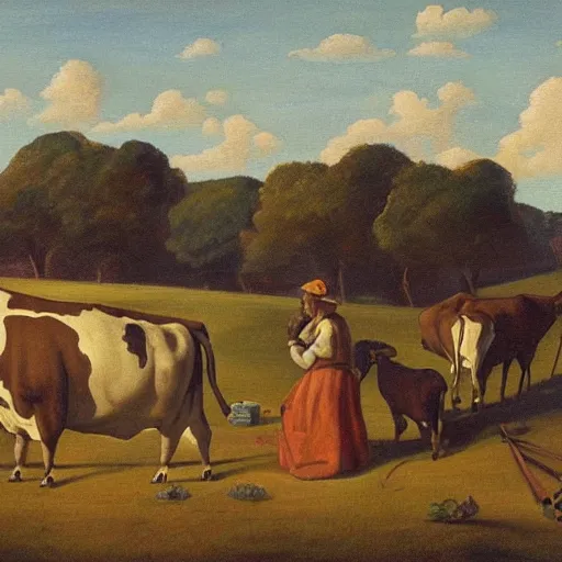 Prompt: painting of a big cow with a long curved neck playing violin in a medivial styled field with three peasants spitting on it's face