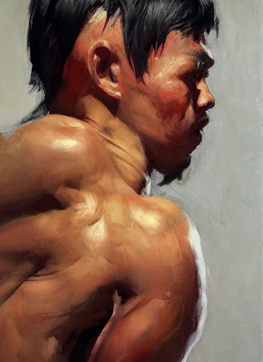Image similar to greg manchess side portrait of a filipino mma fighter struck by a sword, organic painting, sunny day, matte painting, bold shapes, hard edges, street art, trending on artstation, by huang guangjian, gil elvgren, ruan jia, randy vargas, greg rutkowski