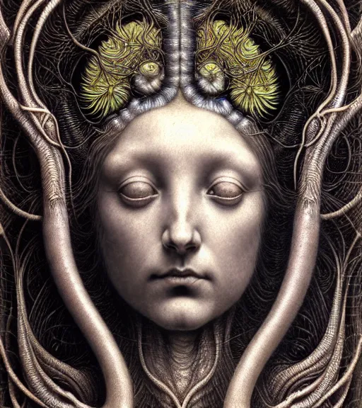 Prompt: detailed realistic beautiful beetle goddess face portrait by jean delville, gustave dore, iris van herpen and marco mazzoni, art forms of nature by ernst haeckel, art nouveau, symbolist, visionary, gothic, neo - gothic, pre - raphaelite, fractal lace, intricate alien botanicals, ai biodiversity, surreality, hyperdetailed ultrasharp octane render