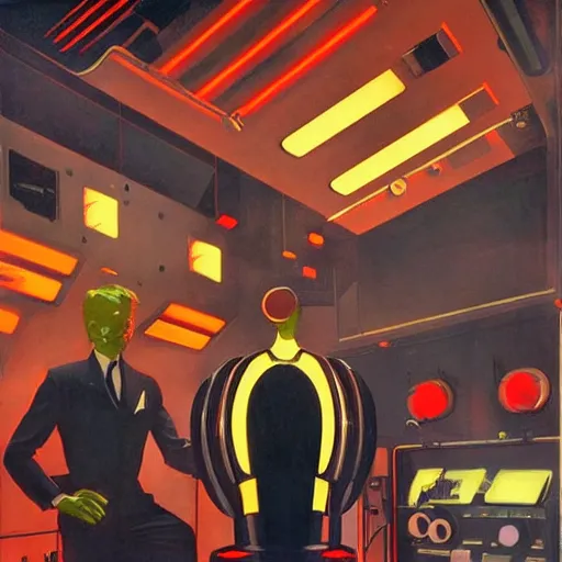 Image similar to man in futurist 6 0 ´ s lab, machines and futurist robots, red lights, leyendecker style, black suit, futurism