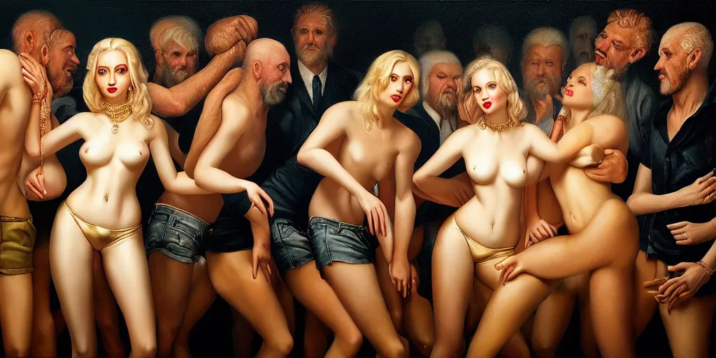 Image similar to a blonde lady surrounded by men in shorts in a nightclub, abstract oil painting by gottfried helnwein pablo amaringo raqib shaw zeiss lens sharp focus high contrast chiaroscuro gold complex intricate bejeweled