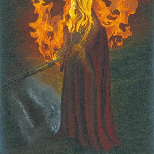 Prompt: rainbow fire burning a witch during salem trial