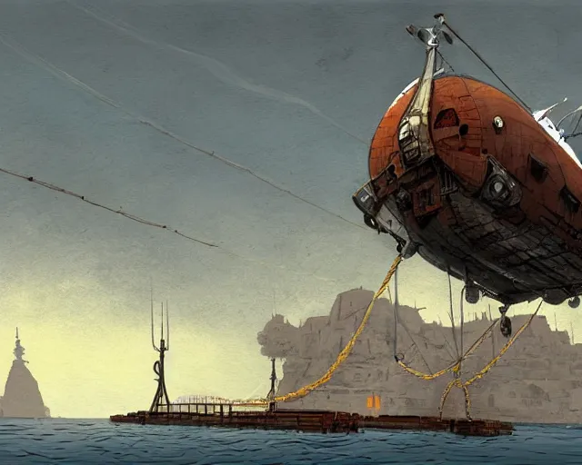 Prompt: Airship tied up to a floating dock, by Ian McQue