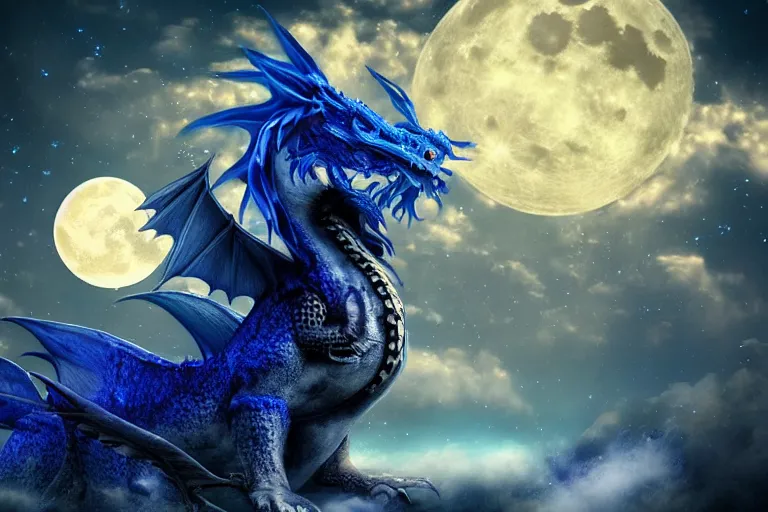 Image similar to an roaring blue and white dragon with colorful feather, digital art, moonlight, blue mist, blue smoke, close shot,