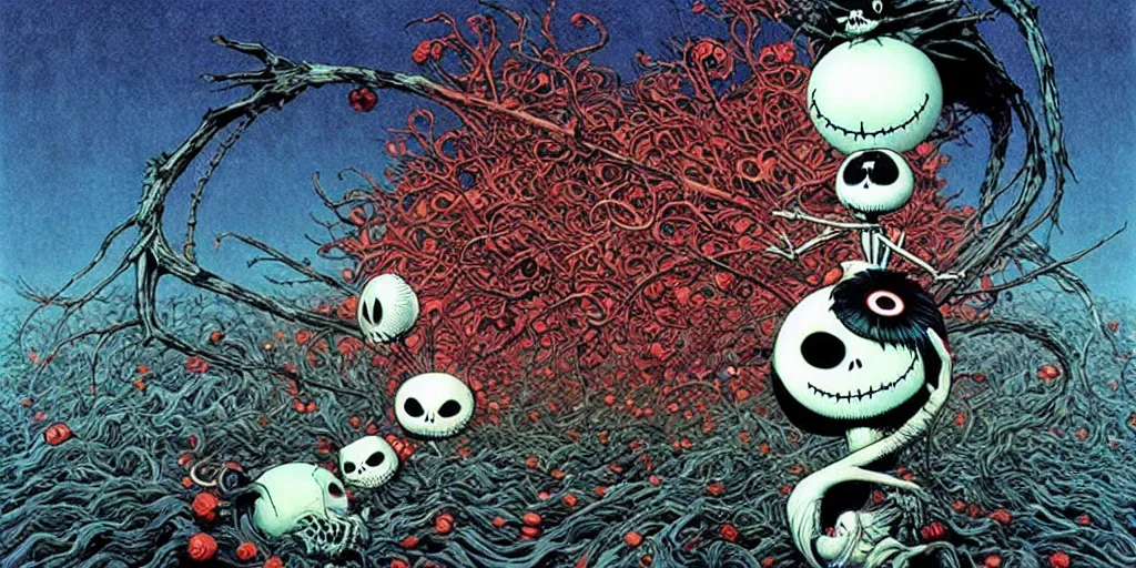 Image similar to nightmare before christmas movie still frame by yuko shimizu by takashi murakami, by beksinski by wayne barlowe