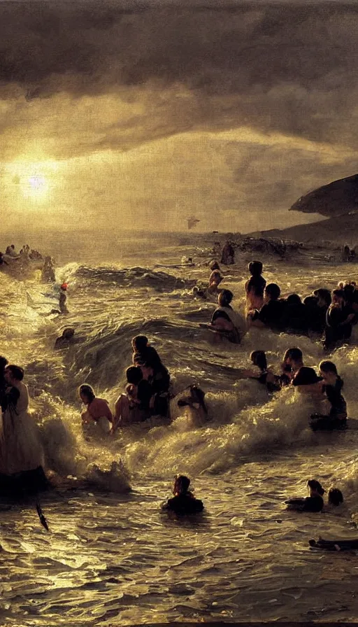 Prompt: painting of tsunami flooding a birthday party, by Peder Krøyer, dramatic lighting, golden hour, epic, intricate detail, canvas print