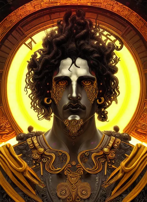 Image similar to portrait of greek god ares, black curly hair, glowing eyes, volumetric lights, yellow red scheme, art nouveau botanicals, gothic, intricate, highly detailed, digital painting, artstation, concept art, smooth, sharp focus, symmetric face, illustration, steampunk, art by artgerm and greg rutkowski and alphonse mucha