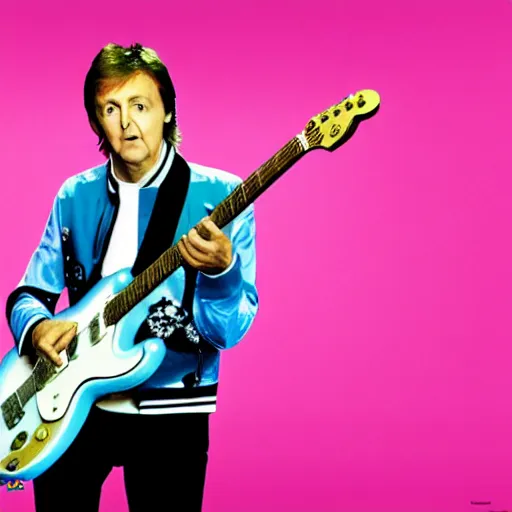 Prompt: Paul McCartney playing a Squier Hello Kitty Stratocaster, 8k, high definition, highly detailed, photorealistic