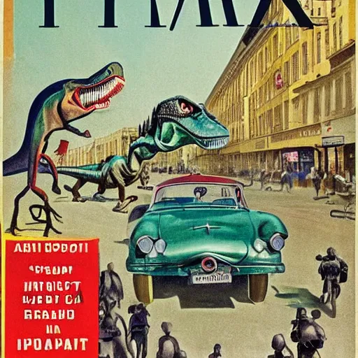 Image similar to dinosaur revolution on the streets of budapest 1 9 5 6, colored time magazine cover art, highly detailed illustration