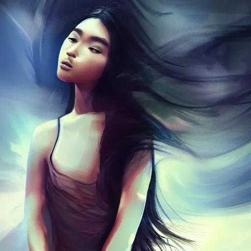 Prompt: a thin, pretty young Filipino woman with long hair floats in a dreamy world, her face in shadow, long shot, very beautiful, inspiring, dramatic lighting, abstract digital art, trending on artstation
