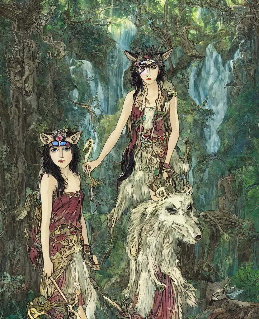 Image similar to portrait of Princess Mononoke wearing her mask, lush forest landscape, style of Art Nouveau, gems and gold, waterfalls, denoised, sharp,