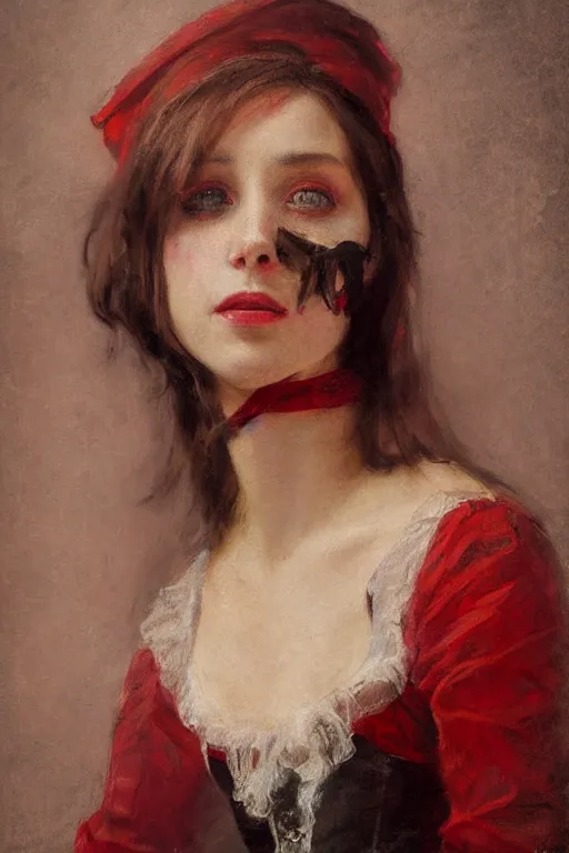 Image similar to Solomon Joseph Solomon and Richard Schmid and Jeremy Lipking victorian genre painting full length portrait painting of a young beautiful woman traditional german french pirate wench in fantasy costume, red background