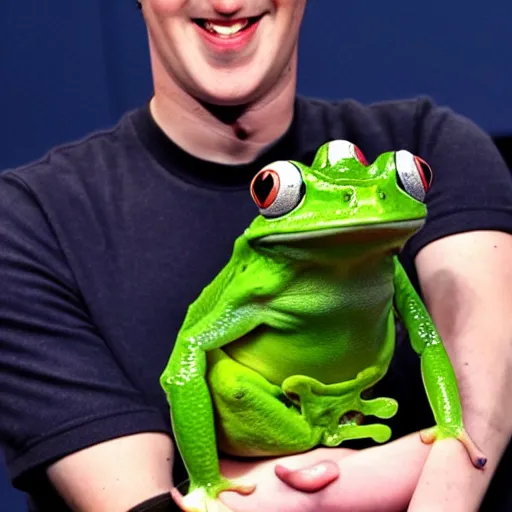 Image similar to mark zuckerberg holding his pet frog looking at the camera