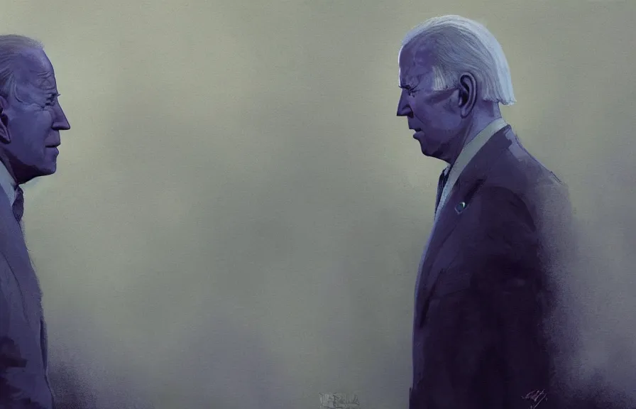 Prompt: Joe Biden casts a long shadow, by Greg Rutkowski and Dave McKean purple color palette