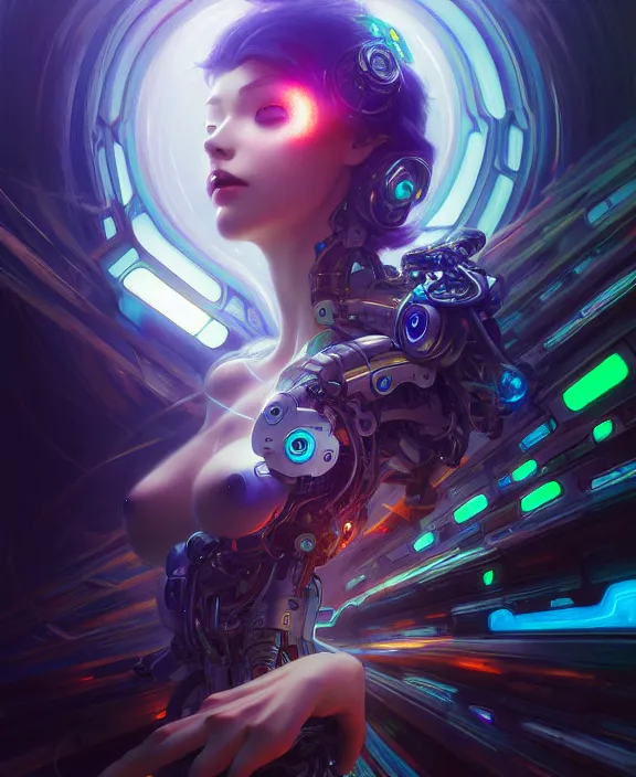 Image similar to whirlwind souls rushing inside metaverse, half body, tiara, robotic, android, cyborg, cyberpunk face, by loish, d & d, fantasy, intricate, elegant, highly detailed, colorful, vivid color, digital painting, artstation, concept art, art by artgerm and greg rutkowski and alphonse mucha and ruan jia