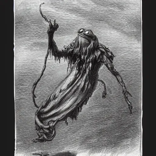 Prompt: full body grayscale drawing by Gustave Dore of Kermit the Frog, swirling flames