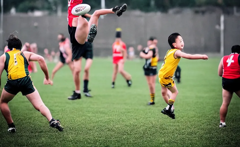 Image similar to Justin Sun kicking, baby flying through a field goal, professional Australian Rules Football photography