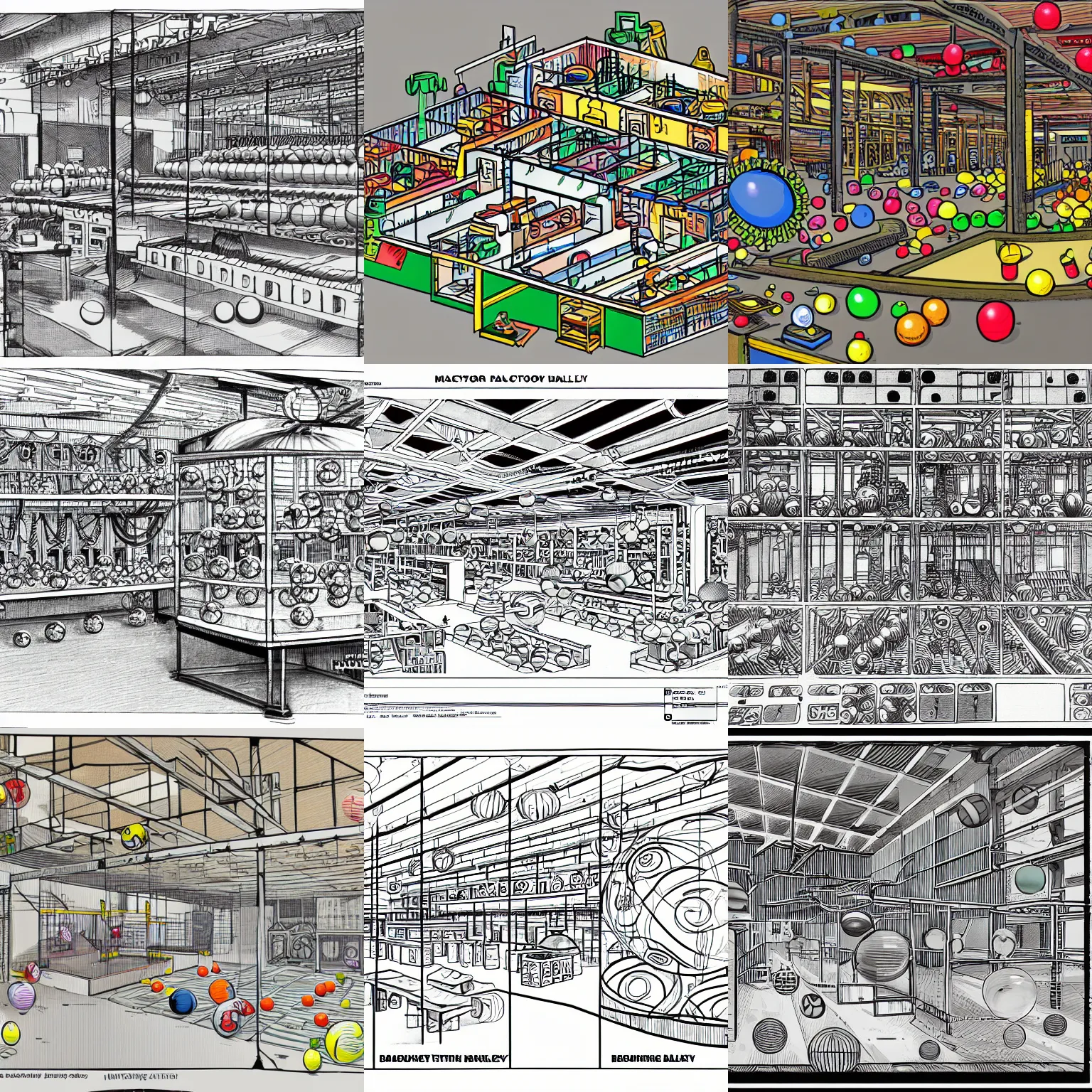 Prompt: interior diagram of a factory that makes bouncy balls, drawing, intricate, detailed