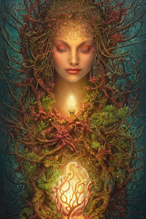 Image similar to a stunning ultra detailed underwater fantasy illustration of a goddess holding a glowing lamp, overgrown with colorful coral, by tomasz alen kopera, water bubbles, very detailed, deep depth of field, 5 0 mm lens, soft lighting, artstation, highly coherent, 8 k