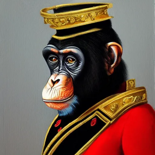 Image similar to An exquisite modern painting of a chimpanzee dressed like a bearded Napoleon with correct military uniform, no frames