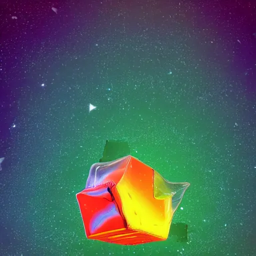 Image similar to a cube of space water floating in the middle of an empty desert, black cube, colorful stars inside the cube, extremely detailed digital art, ominous, artgem, breathtaking, smooth, award winning