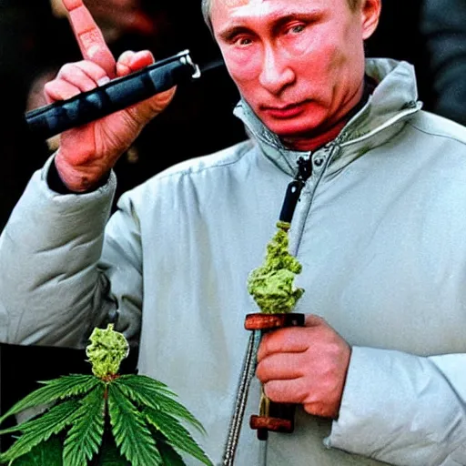 Image similar to Vladimir Putin smoking huge amounts of cannabis with a bong