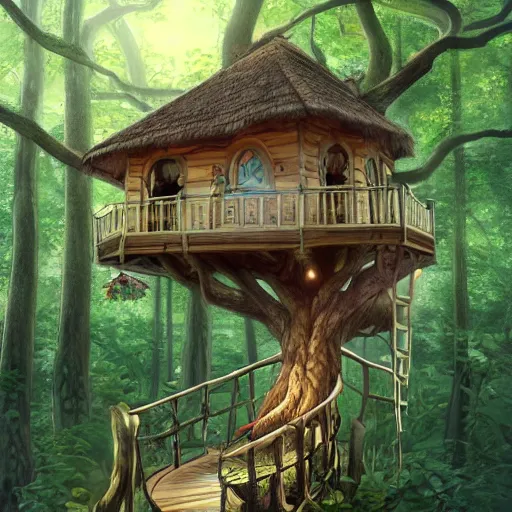 Image similar to beautiful tree house in a tall tree with long vine hanging from the house, surrounded by lush trees, sharp focus, highly detailed, artgerm, cgsociety