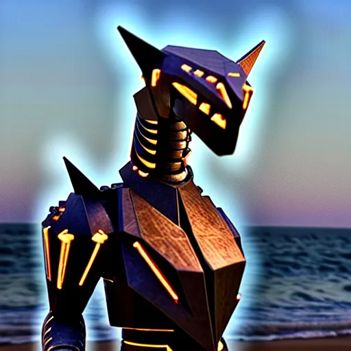 Prompt: chest up bust shot, realistic detailed stunning beautiful armored anthropomorphic humanoid female robot dragon, looking to the side, sleek streamlined armor and design made of steel, sharp claws and sharp teeth, Slick LEDs, standing on two legs, on the beach during sunset, high quality, cinematic art, sunset lighting, 3D render, 8k, artstation, deviantart, furaffinity