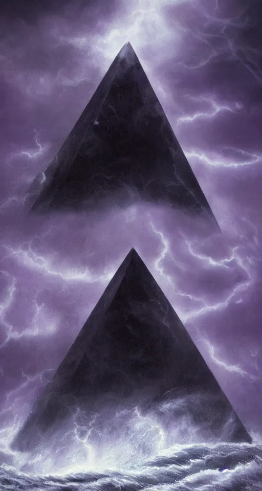 Image similar to black lovecraftian eldritch!! obsidian pyramid!! on a snowy island surrounded by raging stormy seas, purple light, with a large shadow of a creature in the background by eugene von guerard, ivan shishkin, night, red lightning!!, storm!, dramatic lighting, concept art, trending on artstation, 8 k