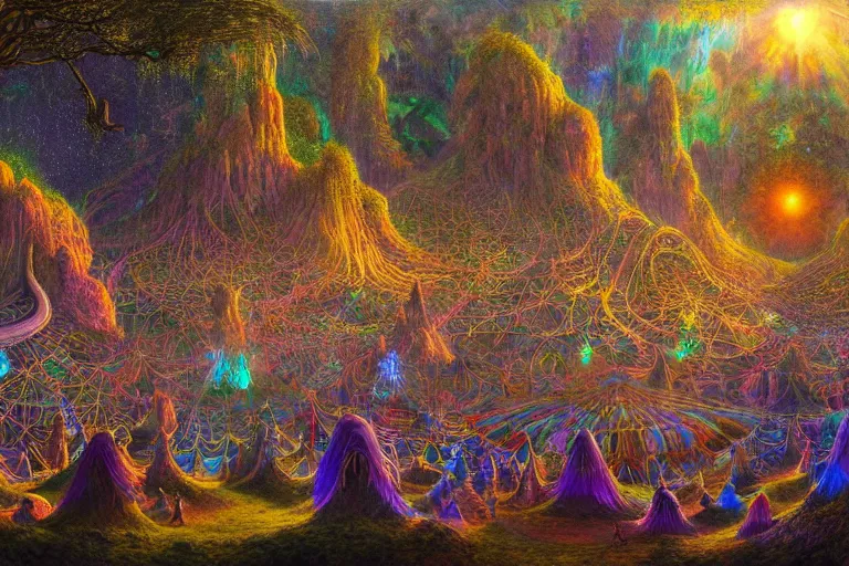 Image similar to a beautiful and highly detailed digital painting of psytrance festival in a secret valley, psychedelic patterns, intricate details, epic scale, 8 k, sharp focus, photorealism, artstation, cgsociety, by caspar friedrich, james gurney, alex grey, brian froud,